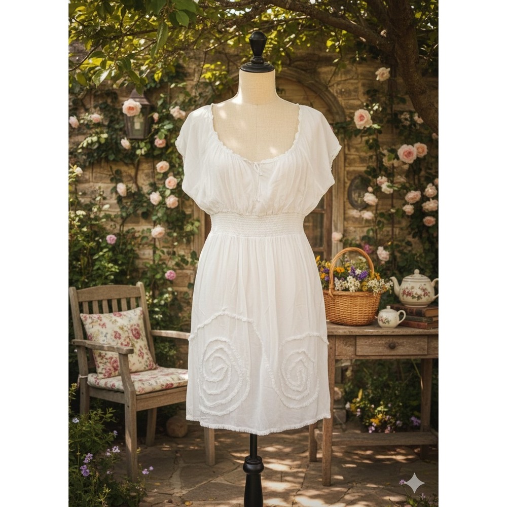 Studio West Embroidered Peasant Mini Dress Size 2X White Boho Cottagecore‎